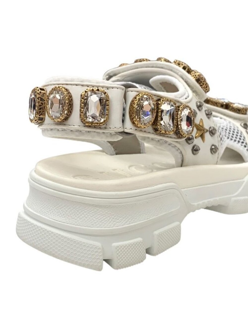 Gucci Sandals Shoes Mesh Leather White Gold Silver Sports Flat - Picture 11 of 11